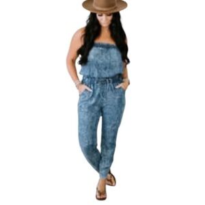 BLUIVY Strapless Blue Jean Romper Jumpsuit Drawstring Pockets Acid Washed EC L